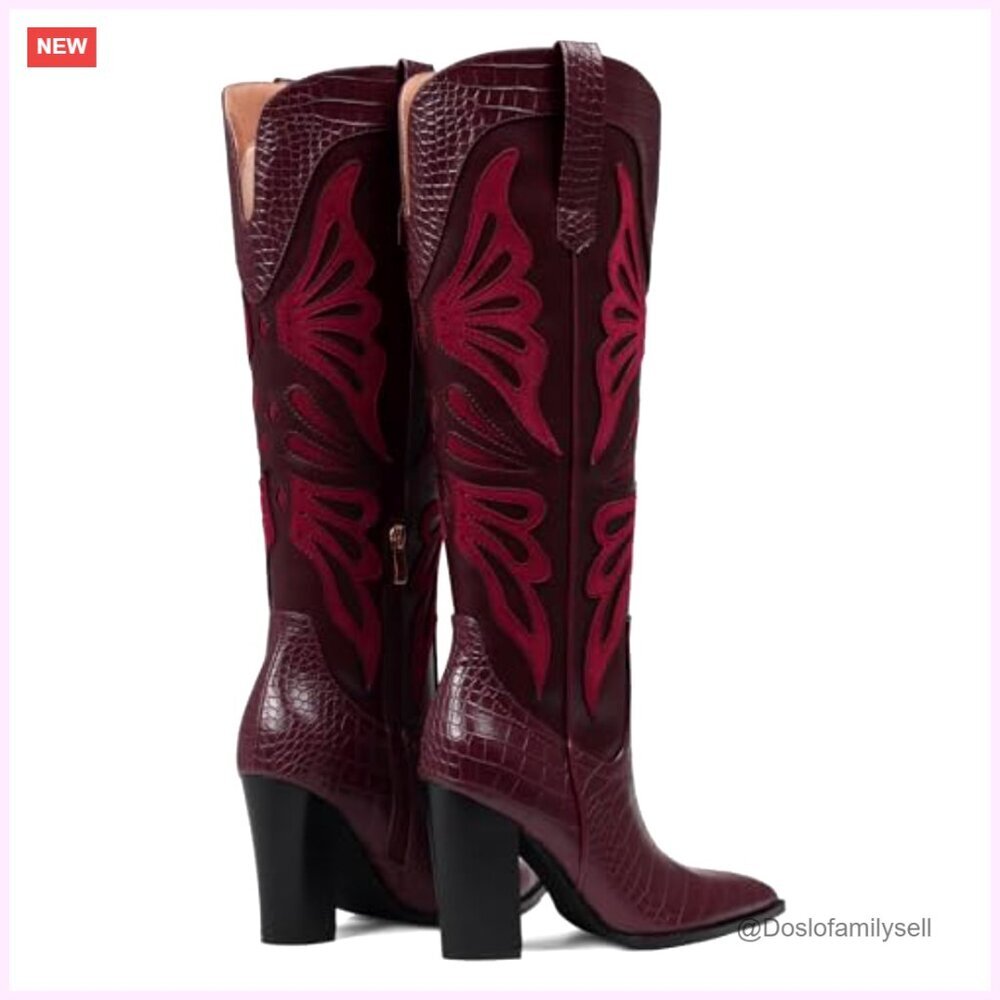 Women's Knee High Cowboy Boots Pointed Toe Chunky Heel Butterfly Embroidery - Picture 7 of 7